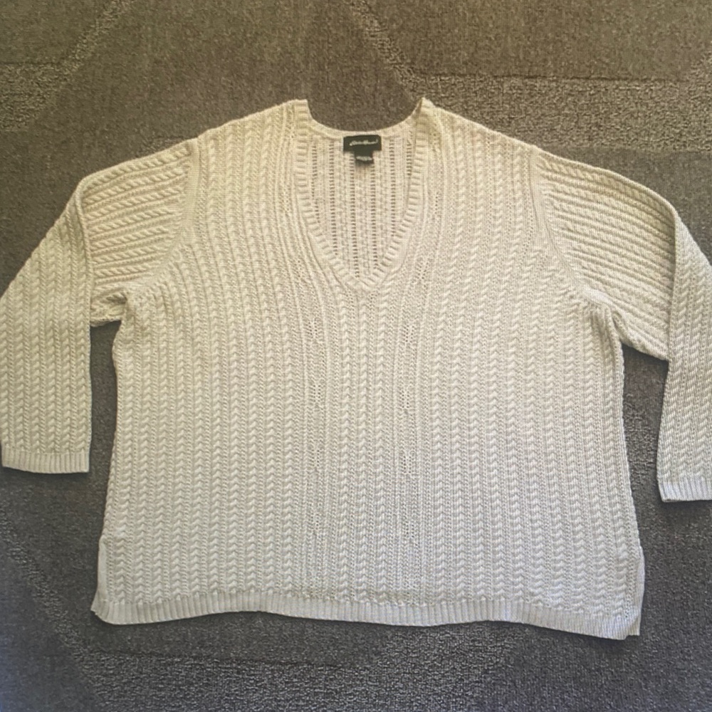 Eddie Bauer Cream Cable Knit V-Neck Sweater